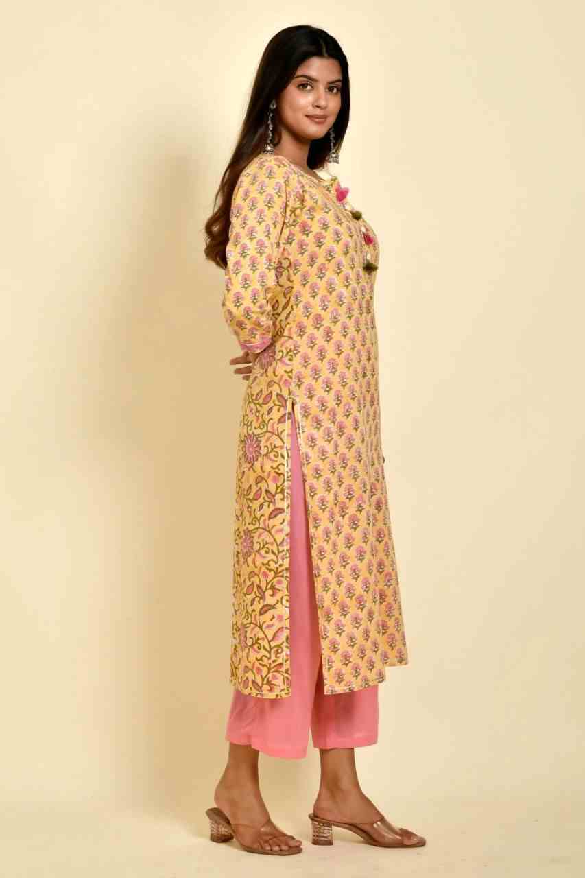 Naksh Yellow Pink Butti And Jaal Printed Straight Kurta