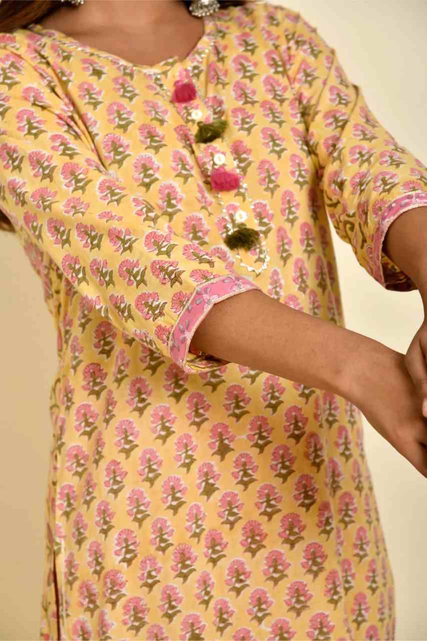 Naksh Yellow Pink Butti And Jaal Printed Straight Kurta