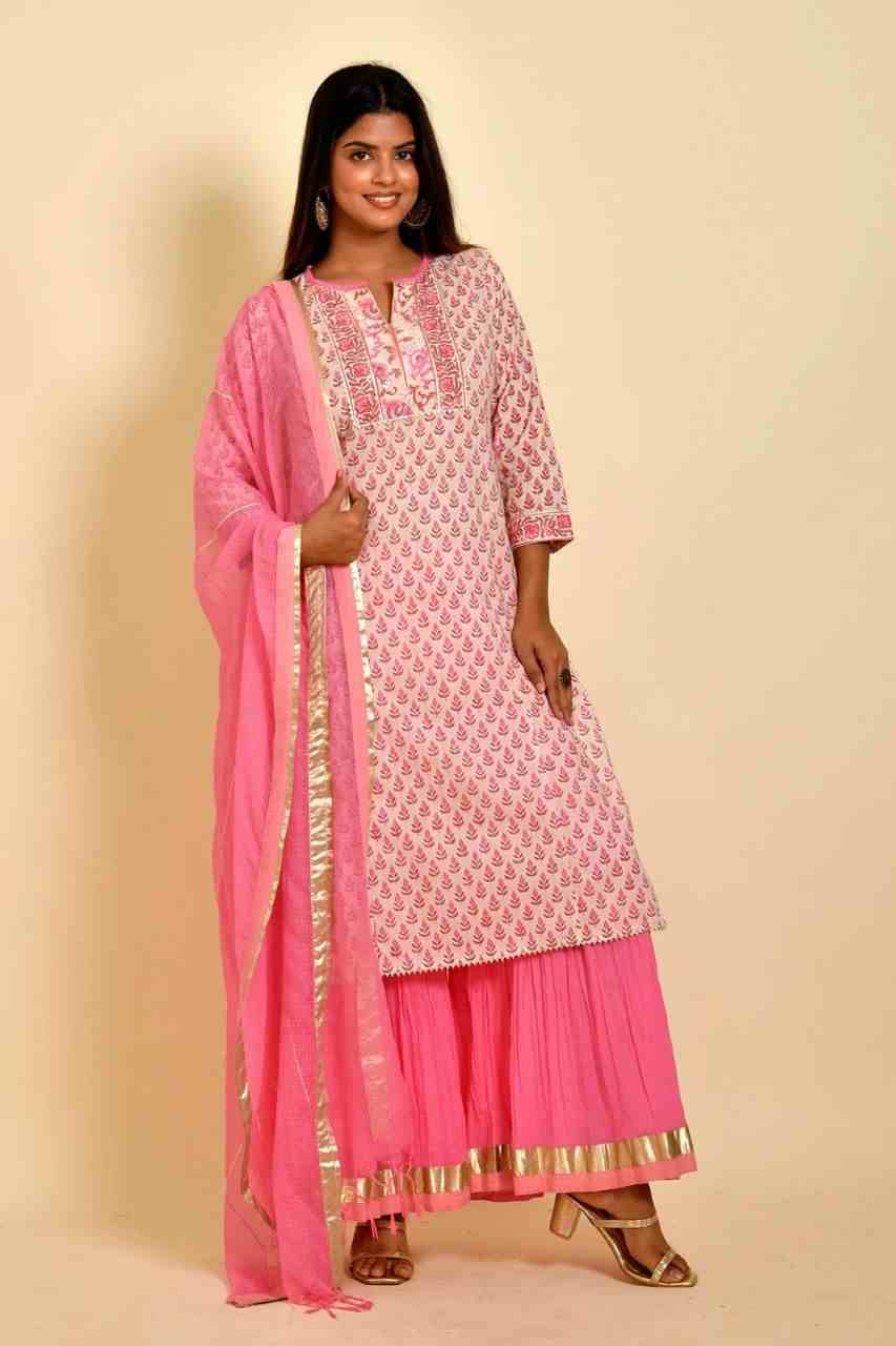 Naksh Peach And Pink Block Printed Kurta Sharara Dupatta (Set of 3)