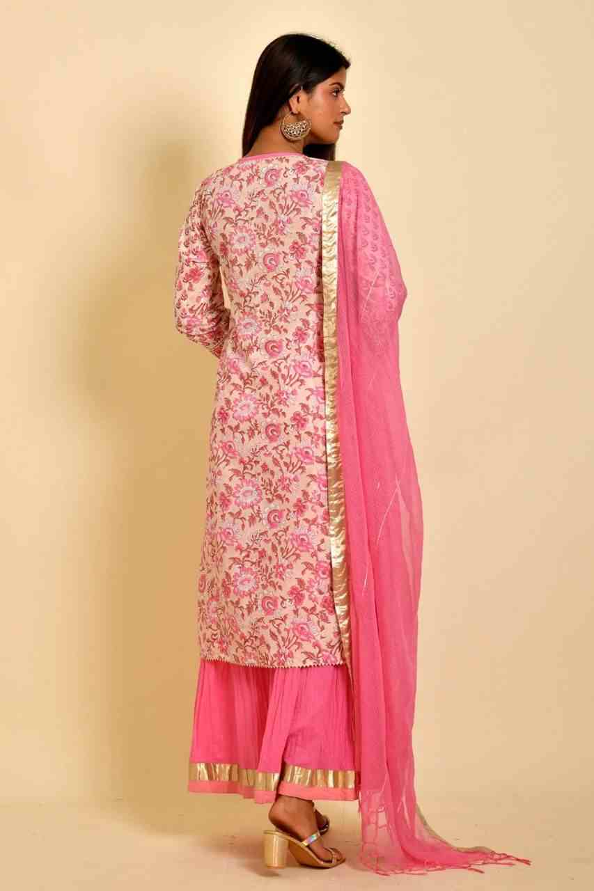 Naksh Peach And Pink Block Printed Kurta Sharara Dupatta (Set of 3)