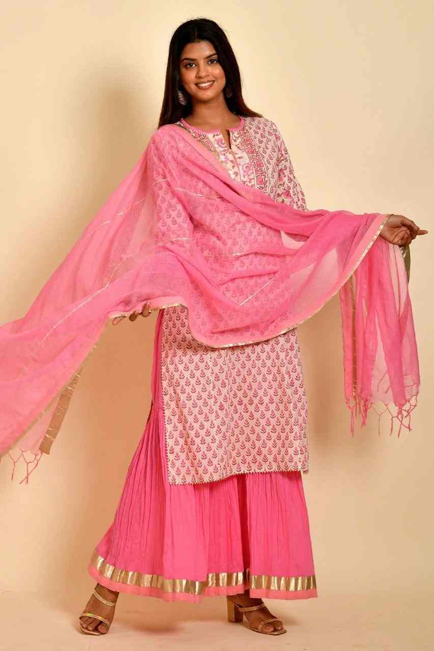 Naksh Peach And Pink Block Printed Kurta Sharara Dupatta (Set of 3)