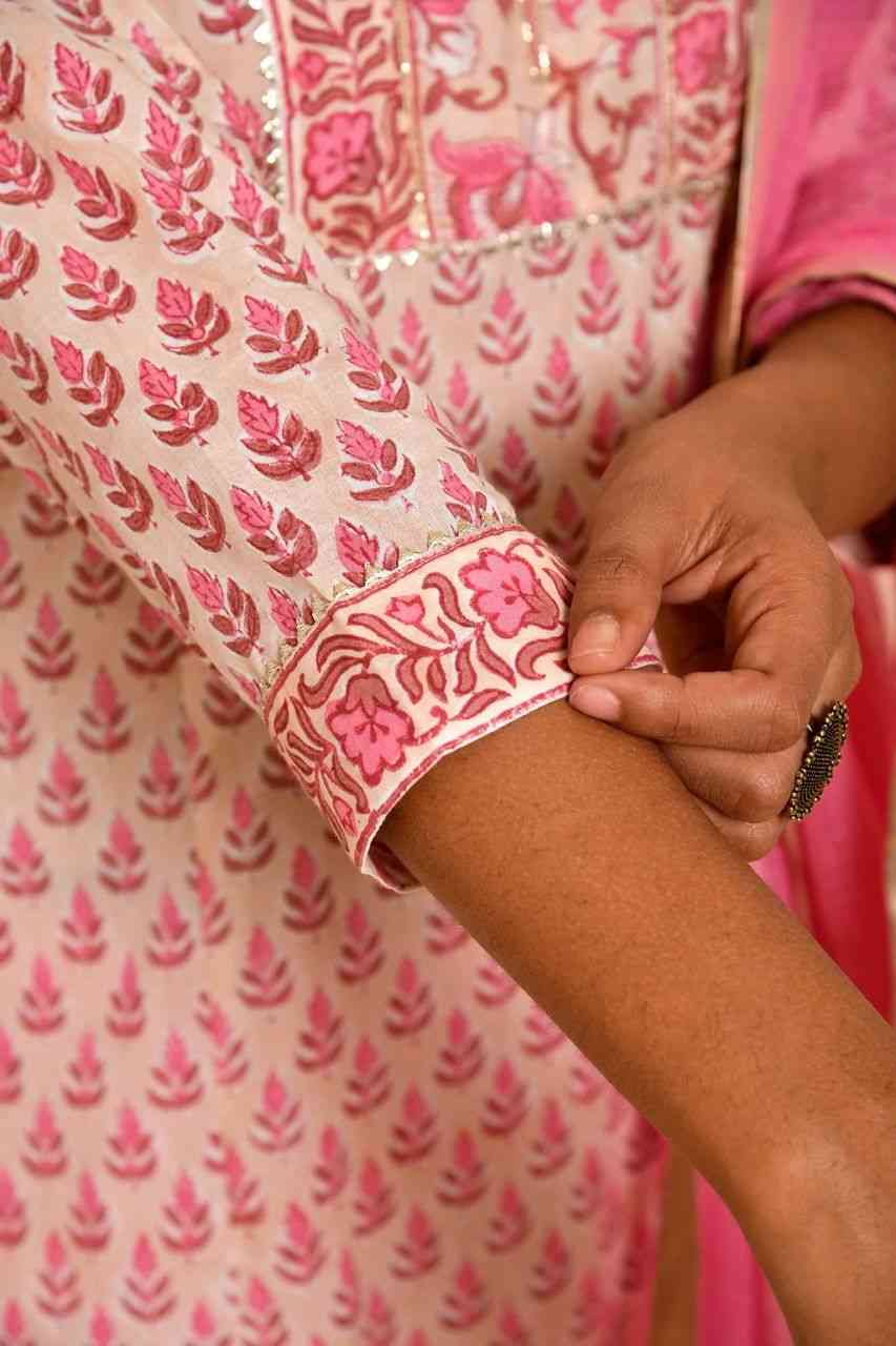 Naksh Peach And Pink Block Printed Kurta Sharara Dupatta (Set of 3)