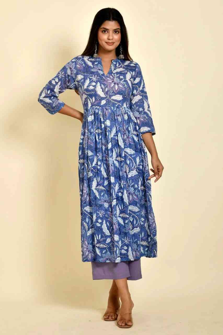 Naksh Blue Floral Printed Gathered Mulmul Kurta and Pants (Set of 2)