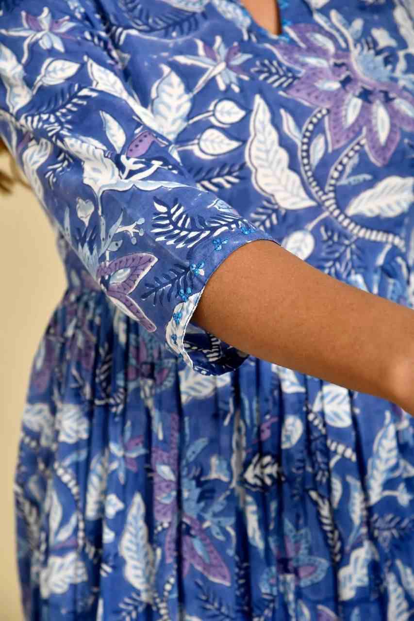 Naksh Blue Floral Printed Gathered Mulmul Kurta and Pants (Set of 2)
