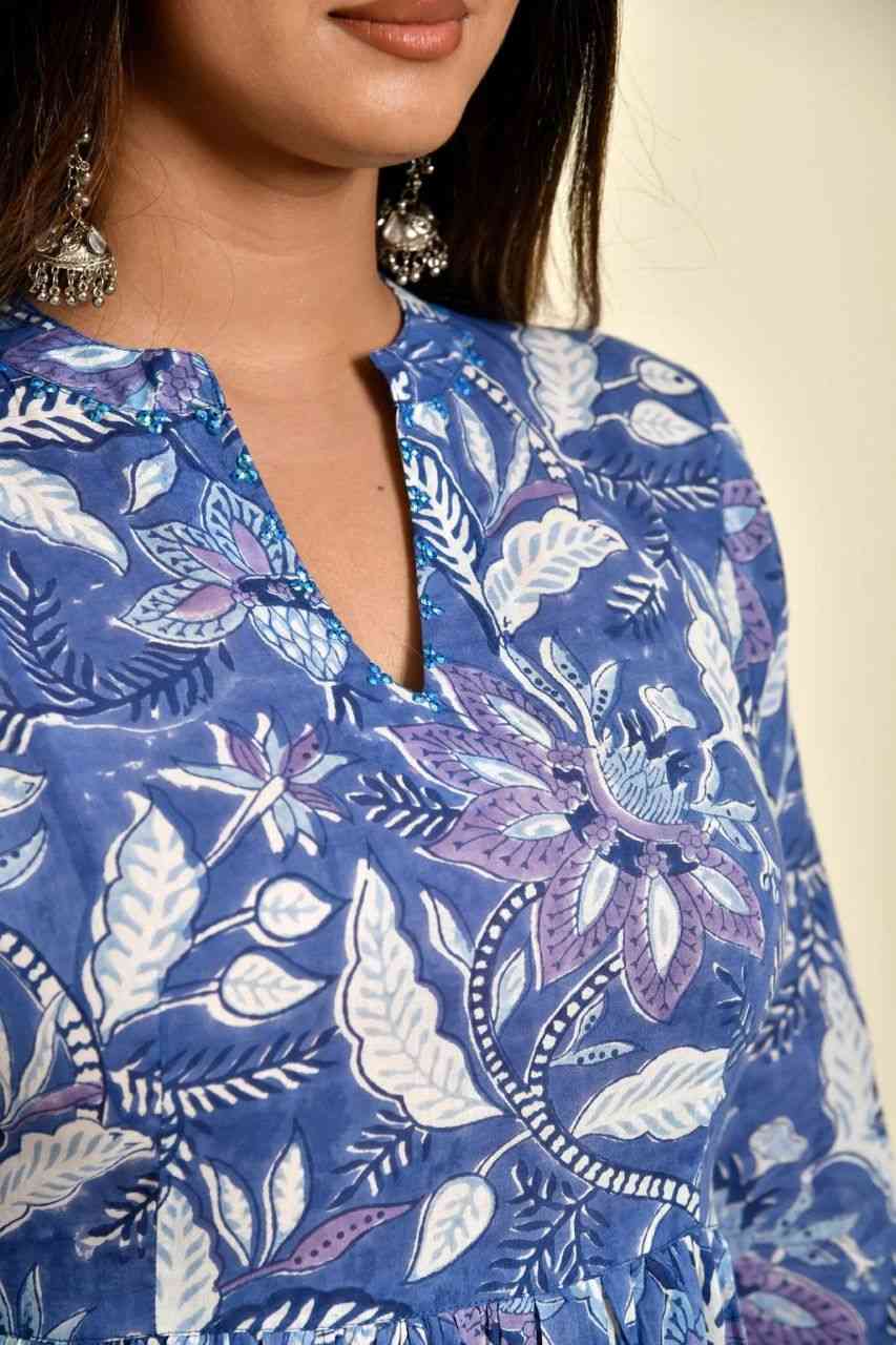 Naksh Blue Floral Printed Gathered Mulmul Kurta and Pants (Set of 2)