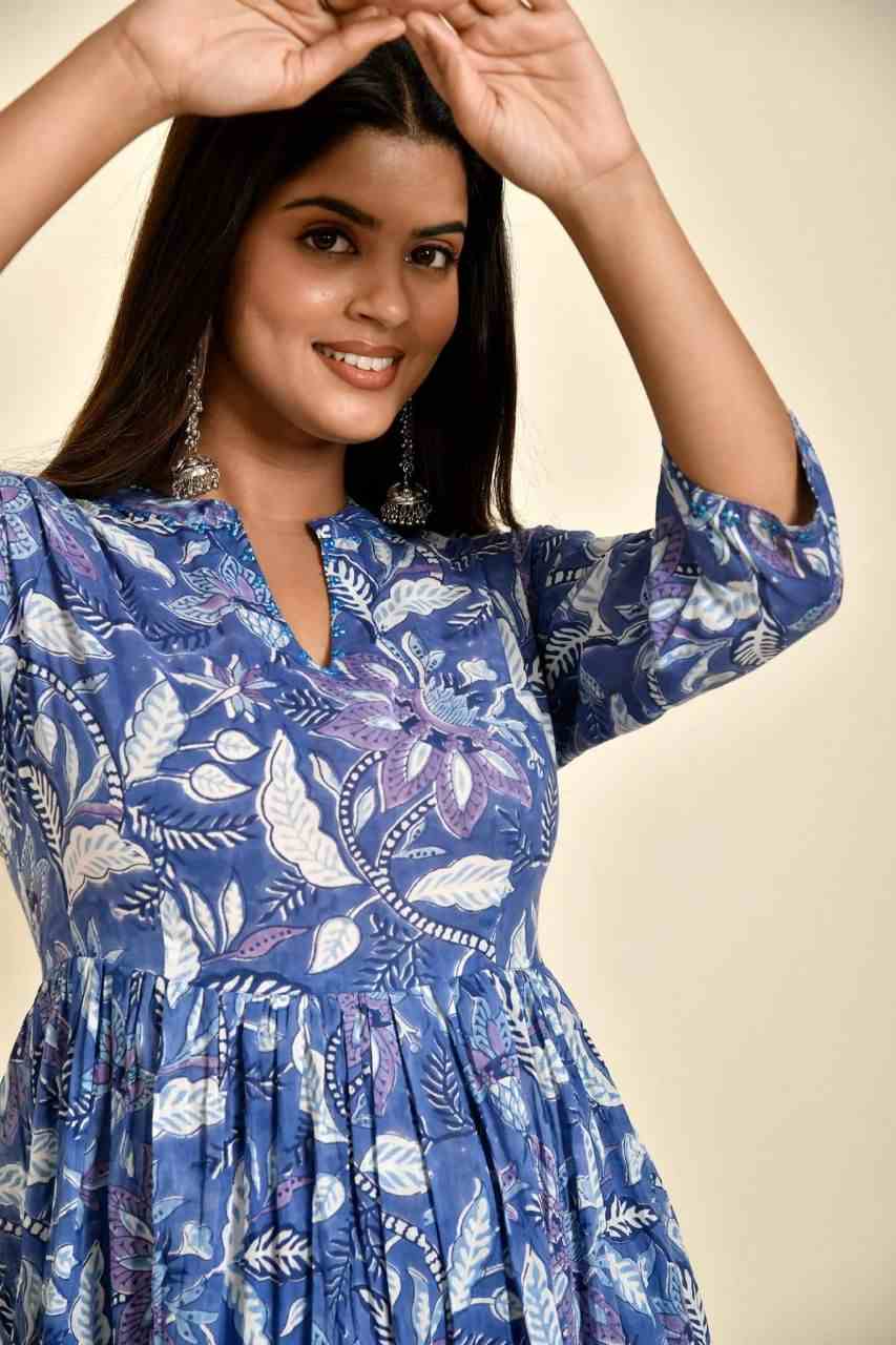 Naksh Blue Floral Printed Gathered Mulmul Kurta and Pants (Set of 2)