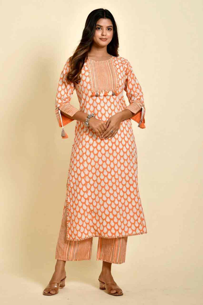 Naksh Orange Gold Booti Print Kurta With Striped Pants (Set of 2)