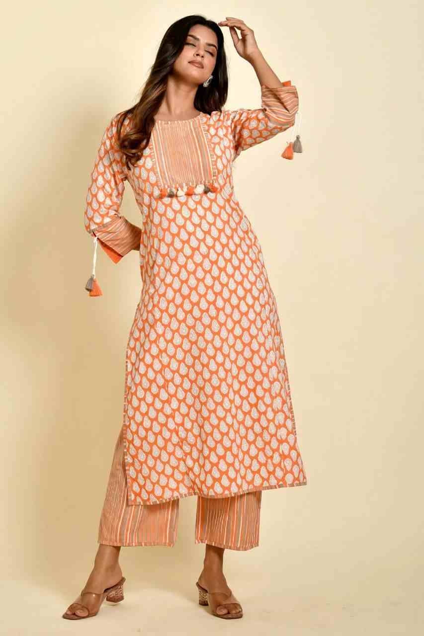 Naksh Orange Gold Booti Print Kurta With Striped Pants (Set of 2)