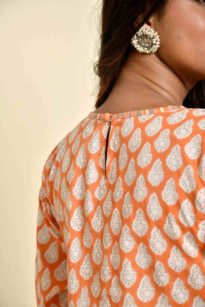 Naksh Orange Gold Booti Print Kurta With Striped Pants (Set of 2)