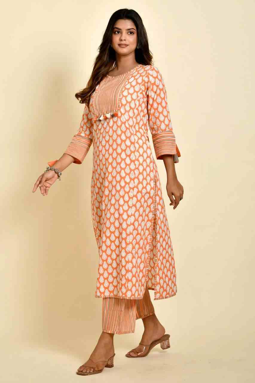 Naksh Orange Gold Booti Print Kurta With Striped Pants (Set of 2)