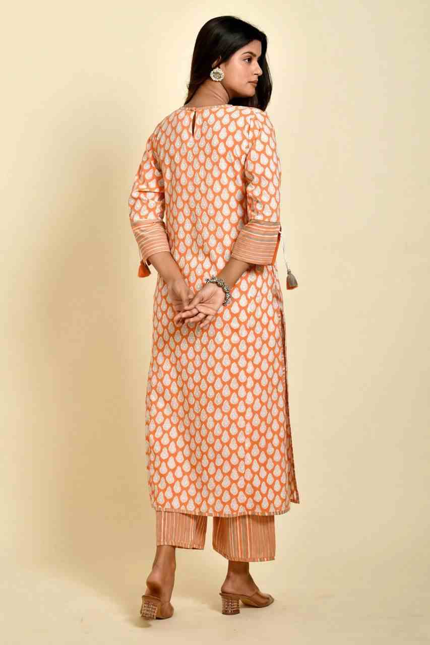 Naksh Orange Gold Booti Print Kurta With Striped Pants (Set of 2)