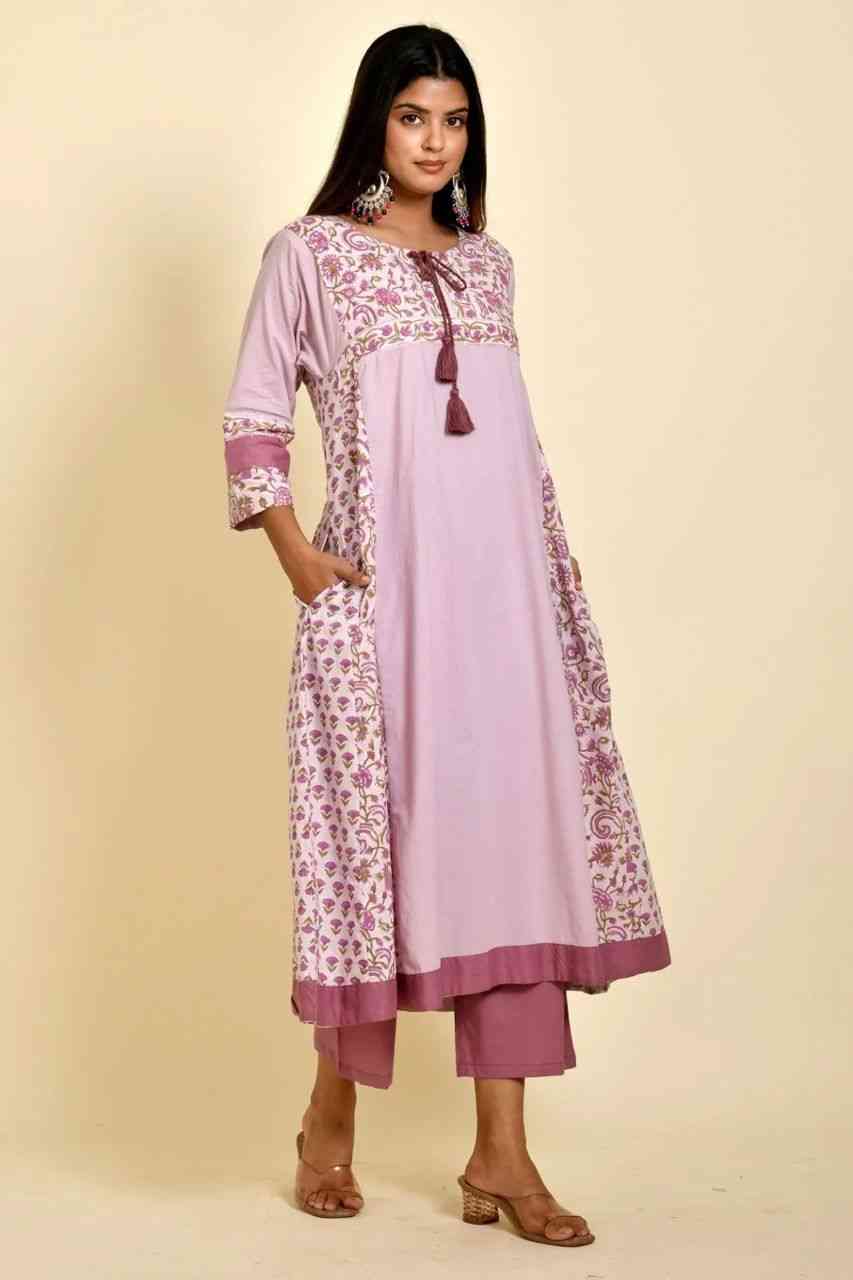 Naksh Lavender A-Line Kurta With Printed Kalis And Pants (Set of 2)