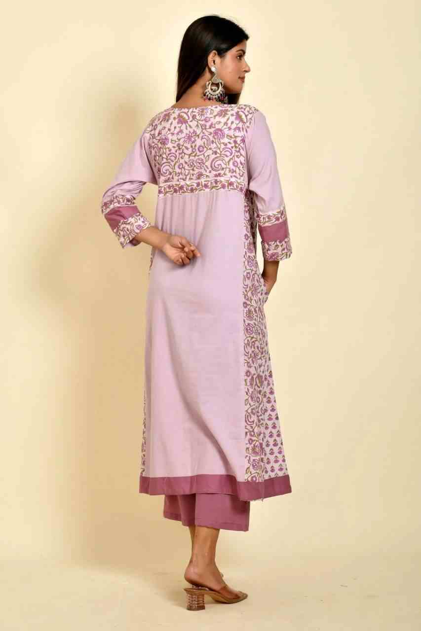 Naksh Lavender A-Line Kurta With Printed Kalis And Pants (Set of 2)