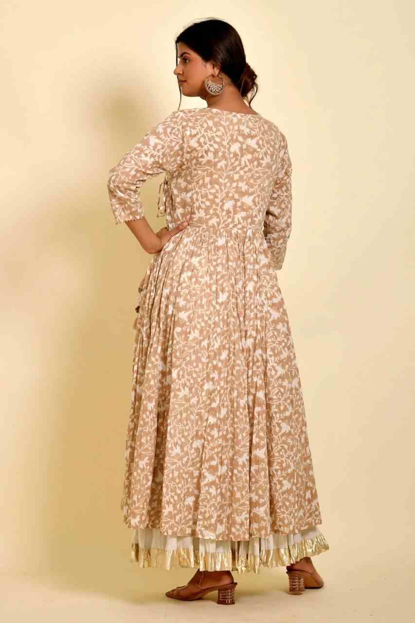 Naksh Beige Printed Gold Kalidaar Angarkaha Kurta With Sharara (Set of 2)