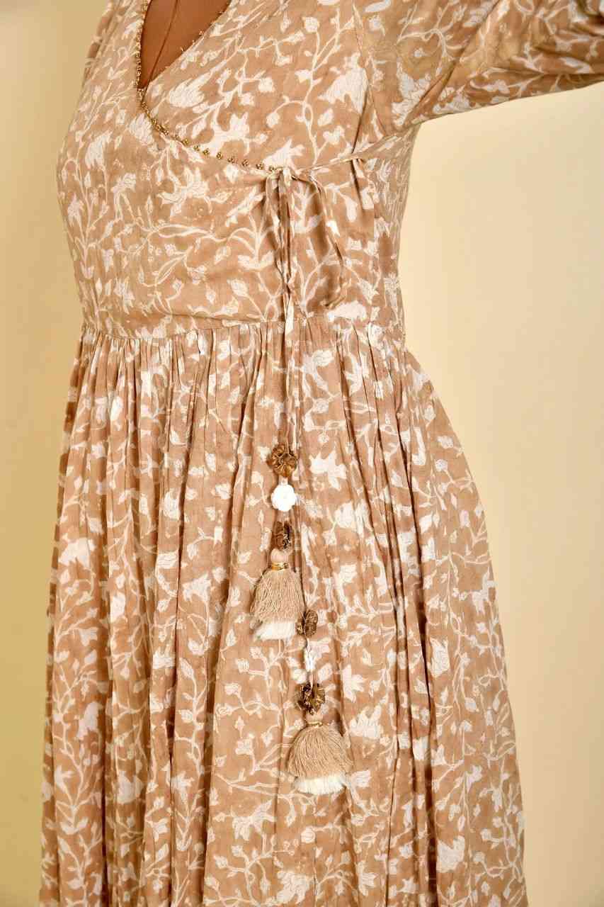 Naksh Beige Printed Gold Kalidaar Angarkaha Kurta With Sharara (Set of 2)