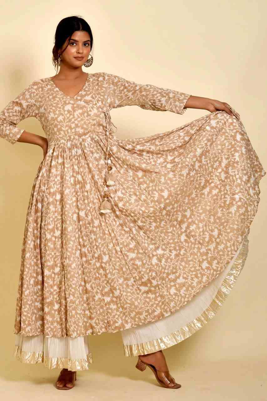 Naksh Beige Printed Gold Kalidaar Angarkaha Kurta With Sharara (Set of 2)