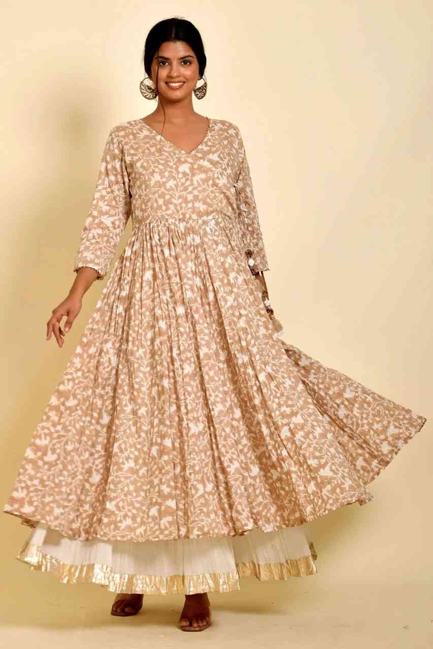 Naksh Beige Printed Gold Kalidaar Angarkaha Kurta With Sharara (Set of 2)