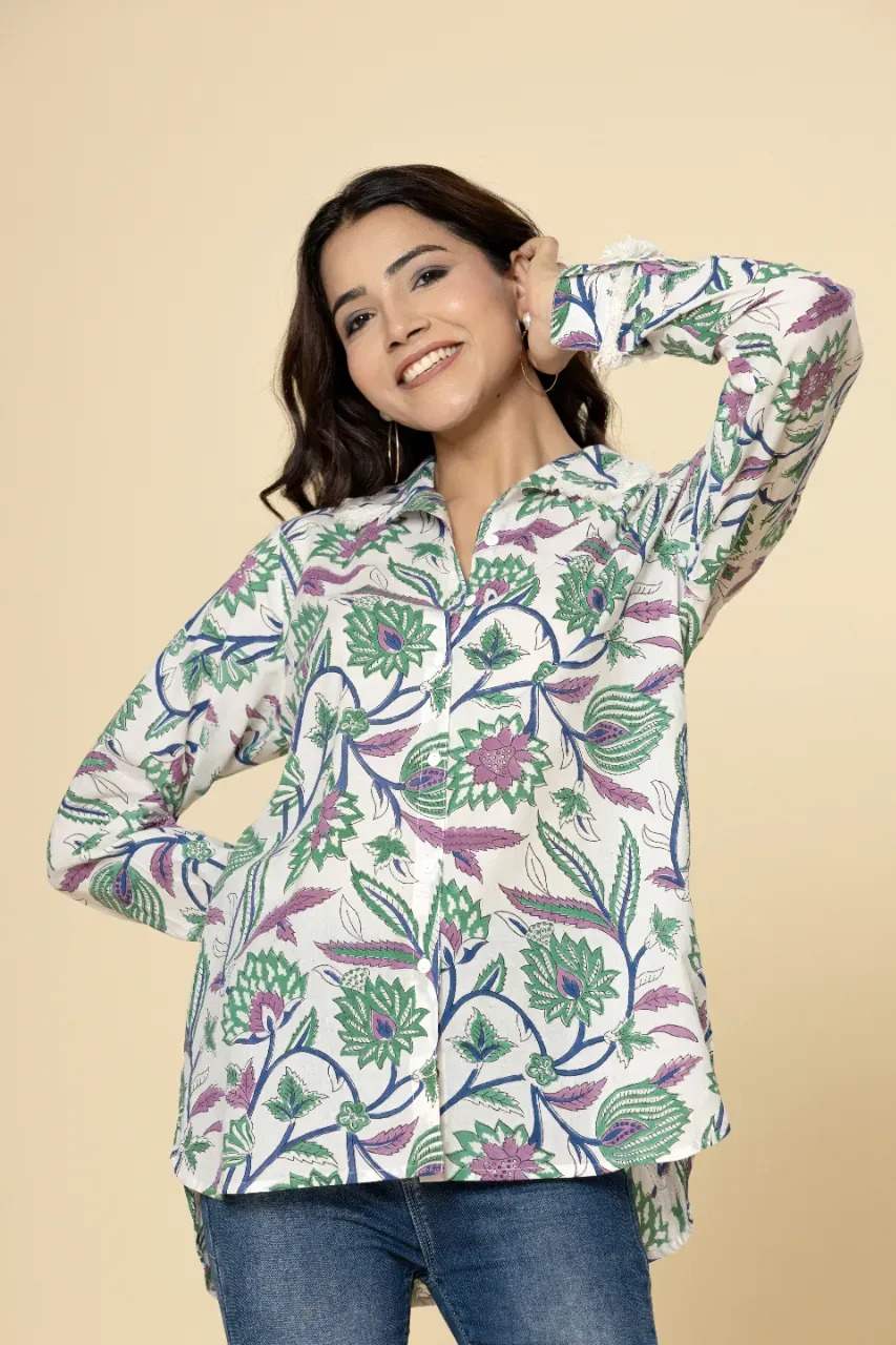 Naksh White Green Block Printed Short Shirt