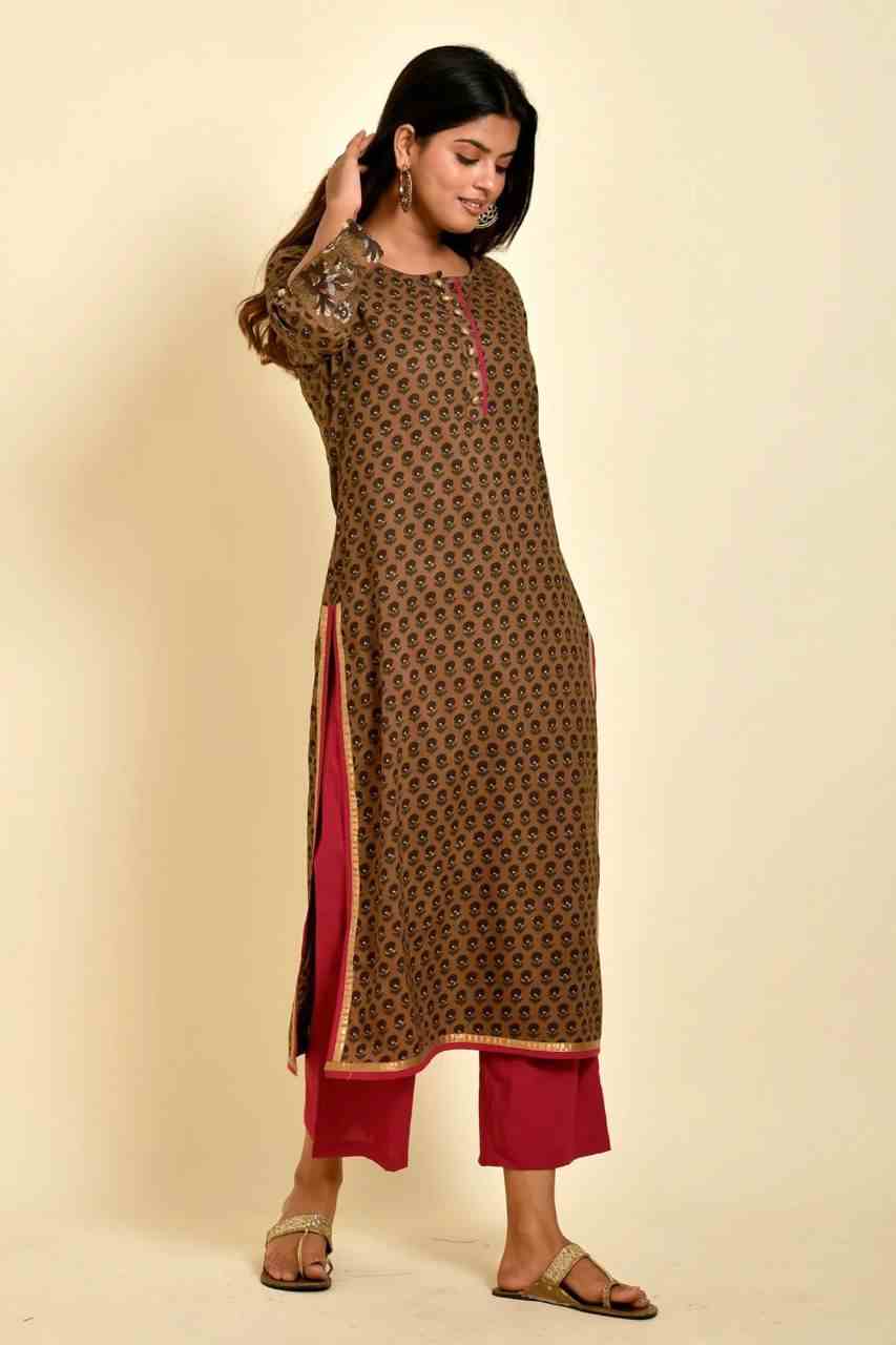 Naksh Brown Buti Printed Kurta And Megenta Pants (Set of 2)