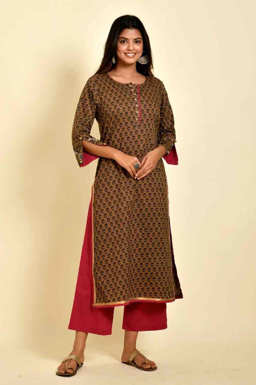 Naksh Brown Buti Printed Kurta And Megenta Pants (Set of 2)