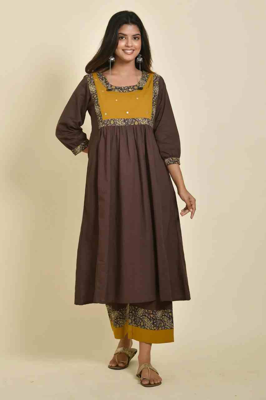 Naksh Brown Yellow Solid Mirror Work Gathered Kurta and Pants (Set of 2)