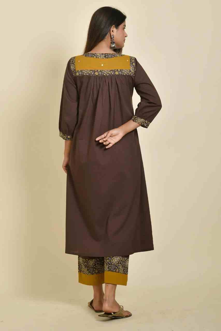 Naksh Brown Yellow Solid Mirror Work Gathered Kurta and Pants (Set of 2)