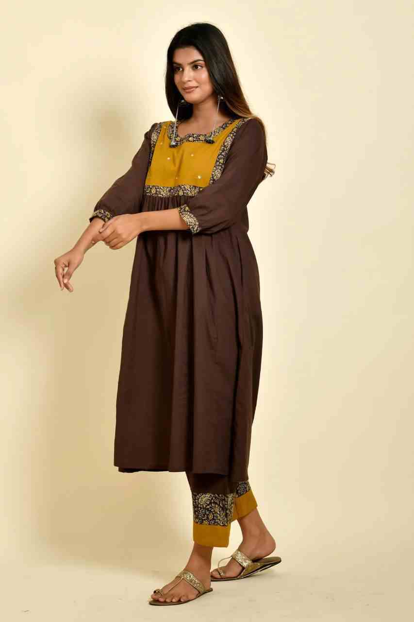 Naksh Brown Yellow Solid Mirror Work Gathered Kurta and Pants (Set of 2)