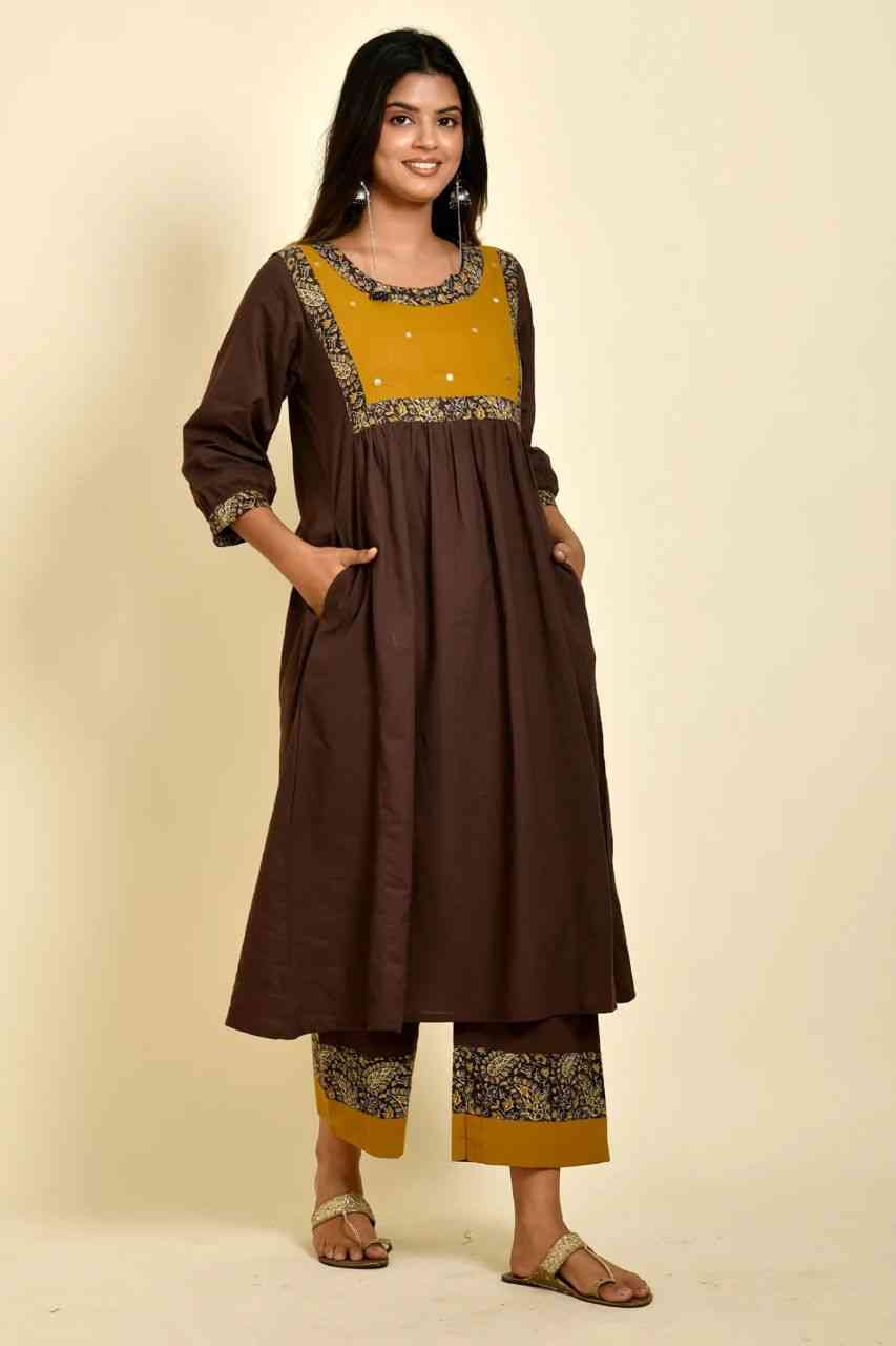 Naksh Brown Yellow Solid Mirror Work Gathered Kurta and Pants (Set of 2)