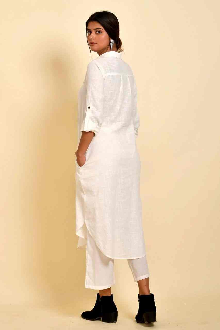 Naksh White Pure Cotton Front Open Long Shirt And Pants (Set of 2)