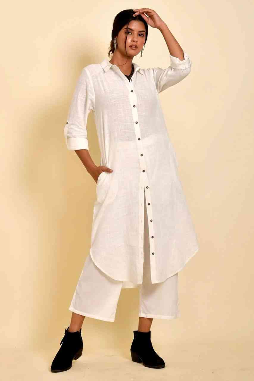 Naksh White Pure Cotton Front Open Long Shirt And Pants (Set of 2)
