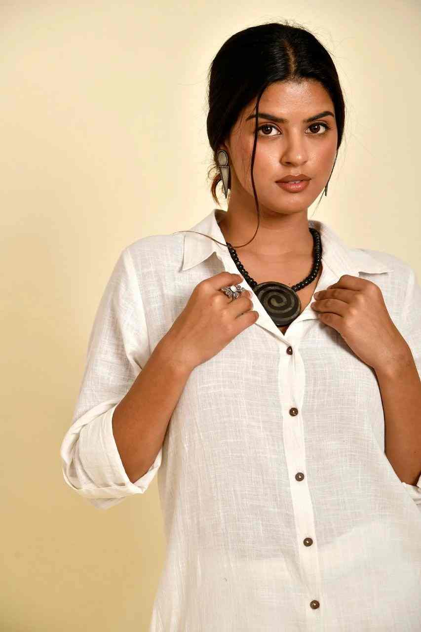 Naksh White Pure Cotton Front Open Long Shirt And Pants (Set of 2)