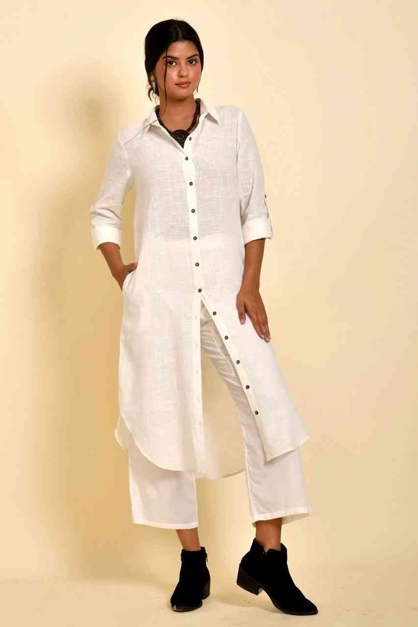 Naksh White Pure Cotton Front Open Long Shirt And Pants (Set of 2)