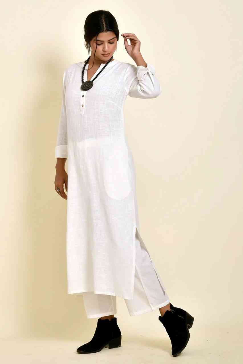 Naksh White Pure Cotton Long Kurta And Pants (Set of 2)