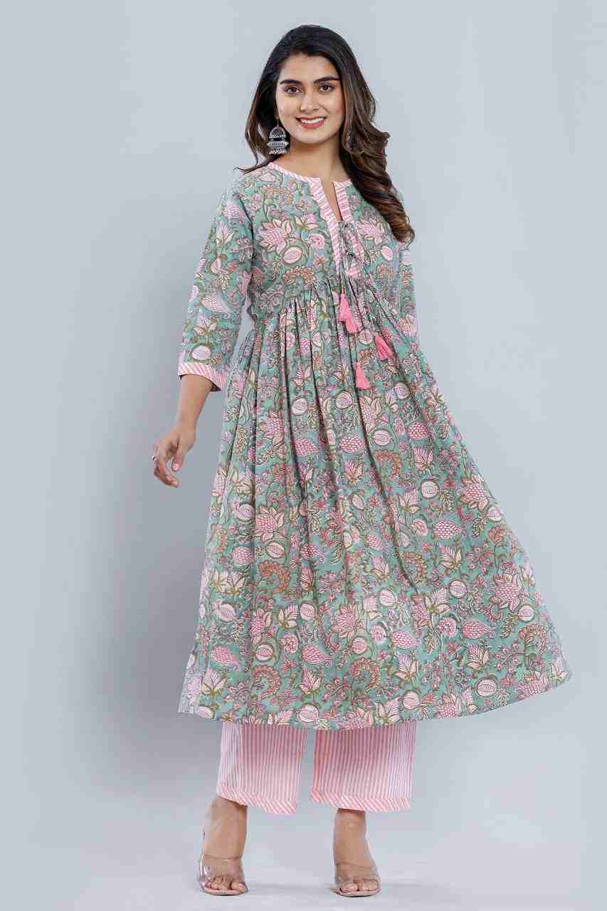 Naksh Sea Green Gathered Kurta and Pants (Set of 2)
