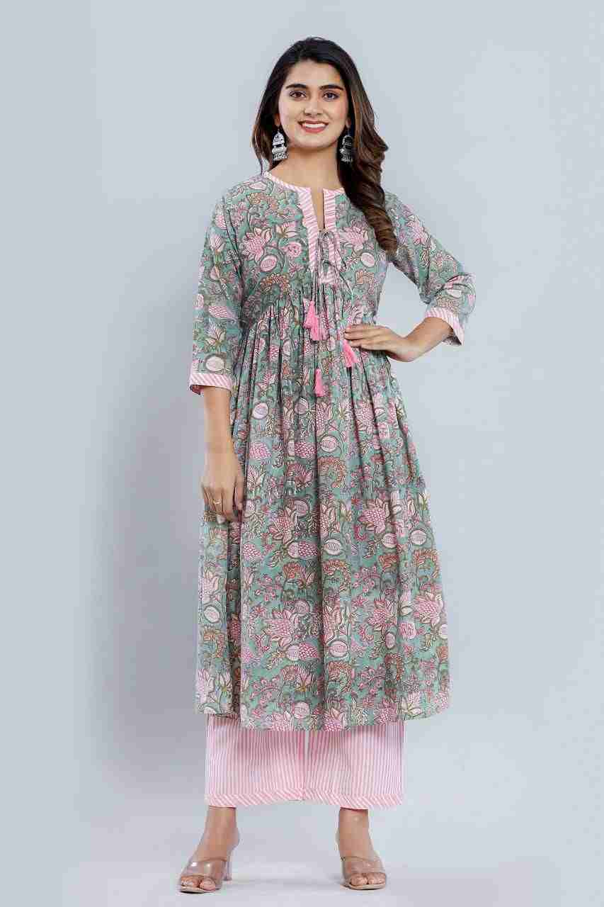 Naksh Sea Green Gathered Kurta and Pants (Set of 2)