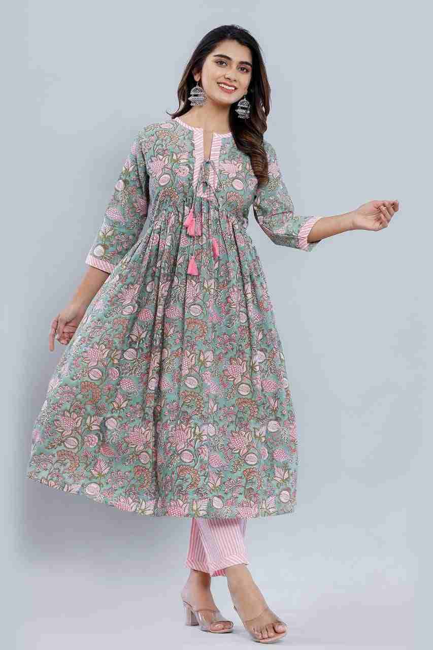 Naksh Sea Green Gathered Kurta and Pants (Set of 2)