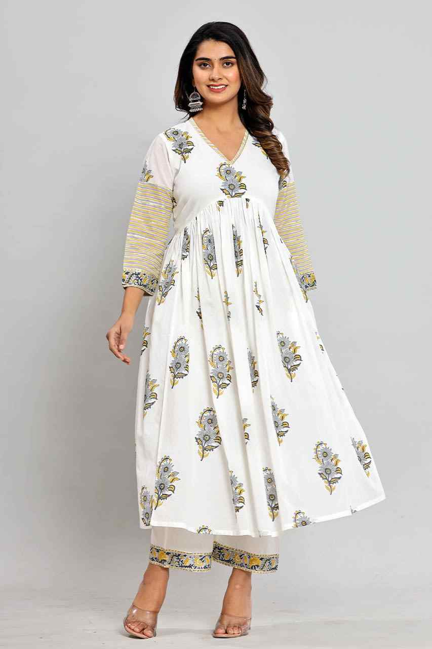 Naksh White Gathered Kurta Dupatta and Pants (Set of 3)