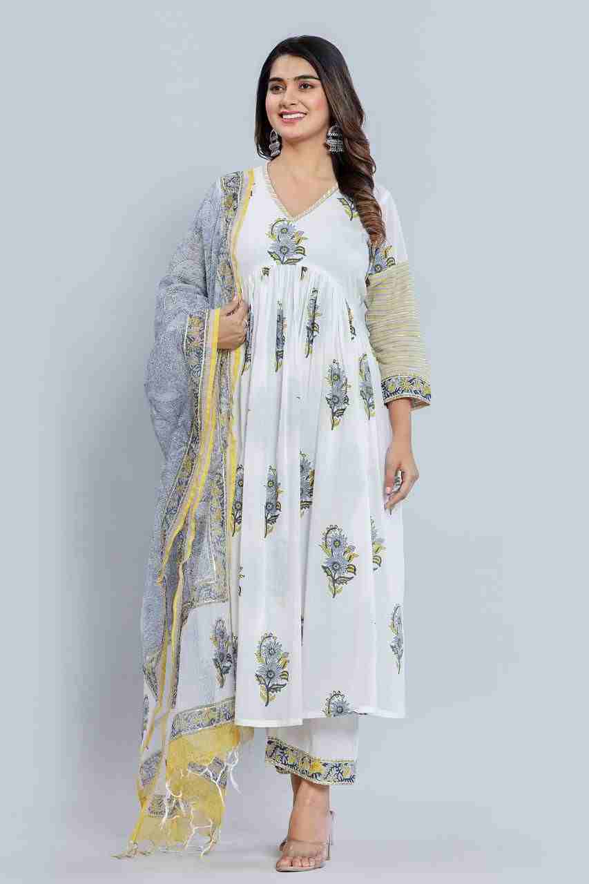 Naksh White Gathered Kurta Dupatta and Pants (Set of 3)