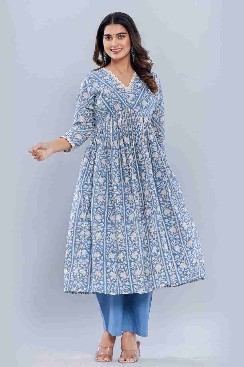 Naksh Blue Sanganeri Border Print Gathered Kurta
