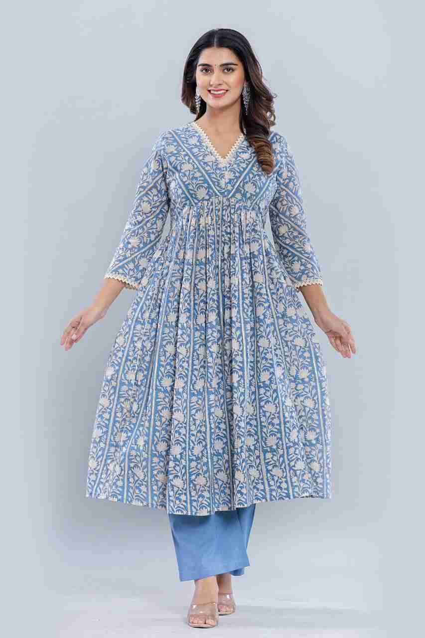 Naksh Blue Sanganeri Border Print Gathered Kurta