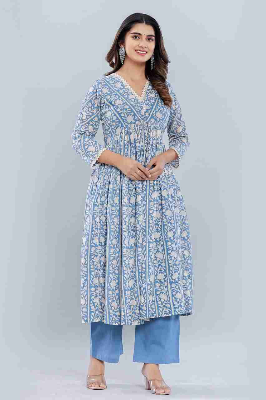 Naksh Blue Sanganeri Border Print Gathered Kurta
