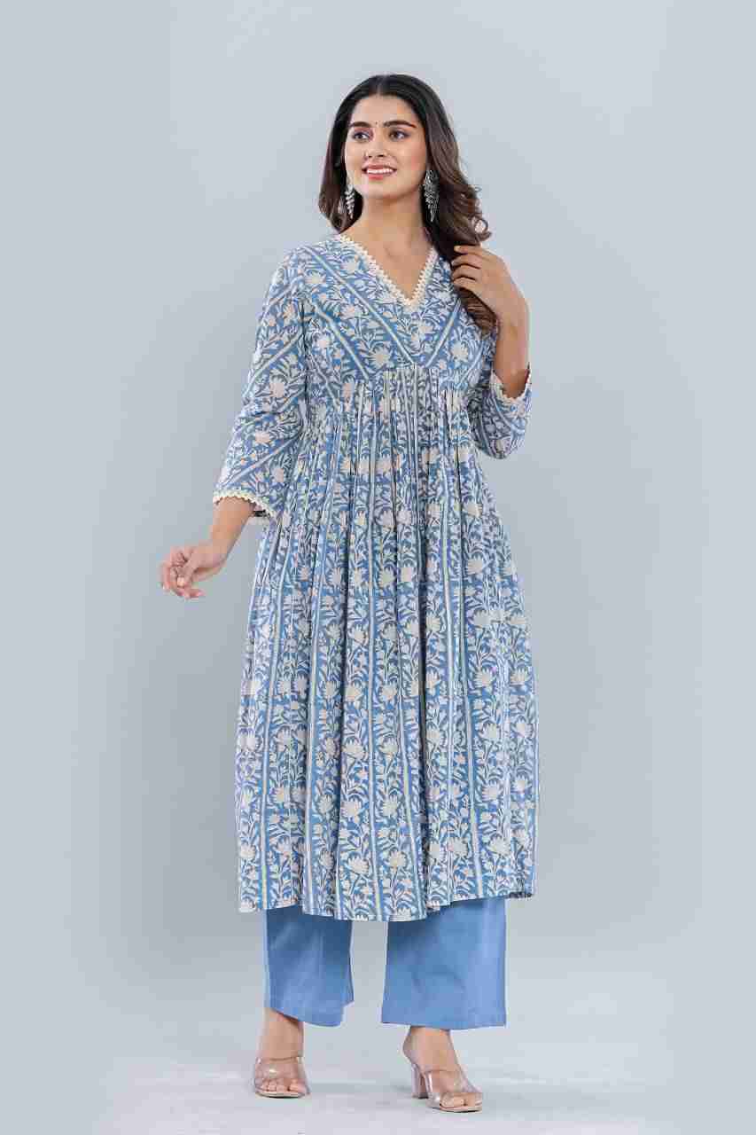 Naksh Blue Sanganeri Border Print Gathered Kurta