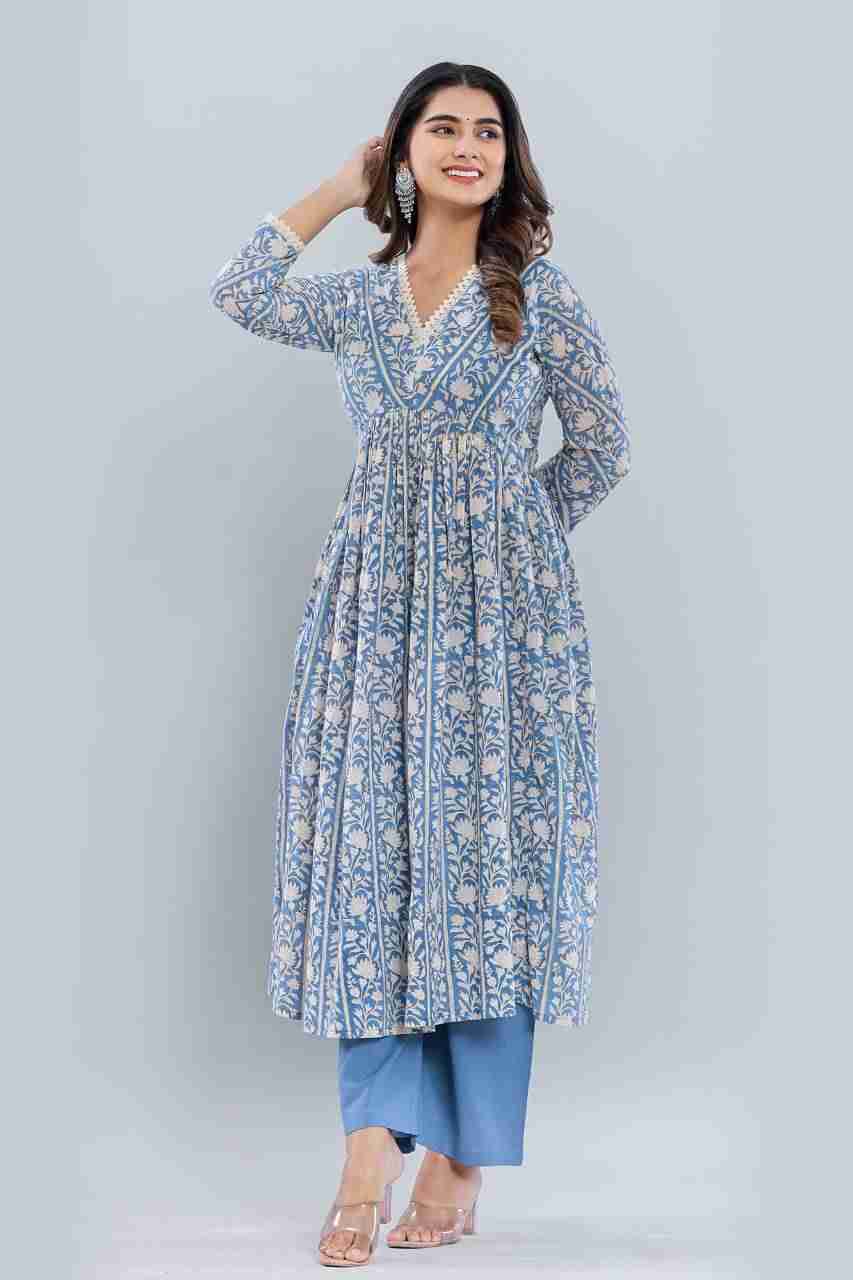 Naksh Blue Sanganeri Border Print Gathered Kurta