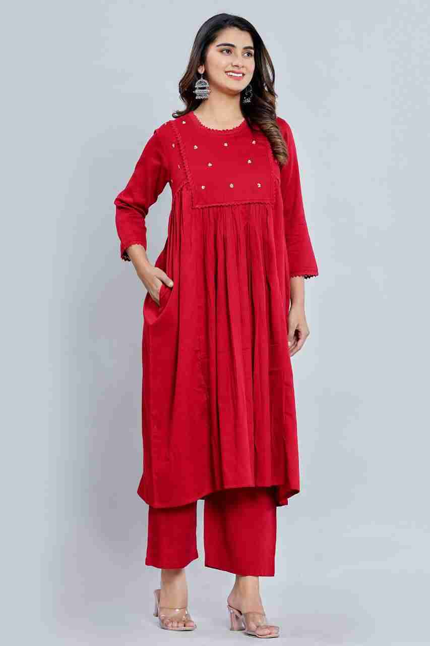 Naksh Red Cotton Satin Kurta and Pants (Set of 2)