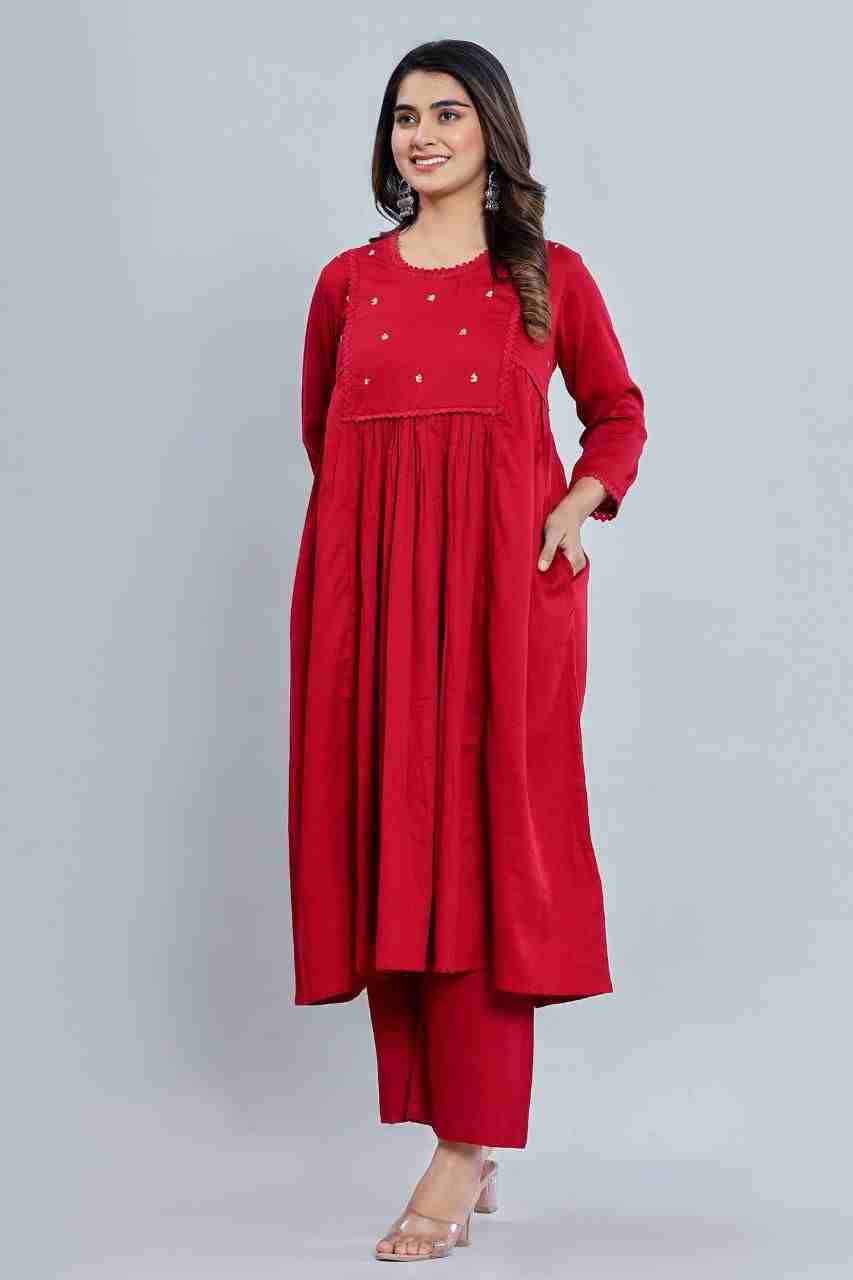 Naksh Red Cotton Satin Kurta and Pants (Set of 2)