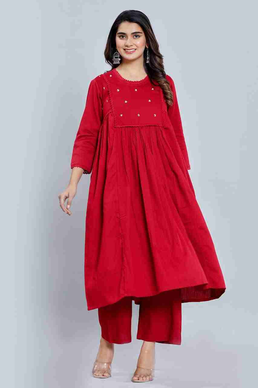 Naksh Red Cotton Satin Kurta and Pants (Set of 2)