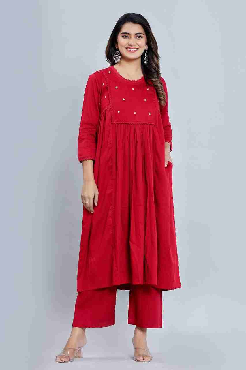 Naksh Red Cotton Satin Kurta and Pants (Set of 2)
