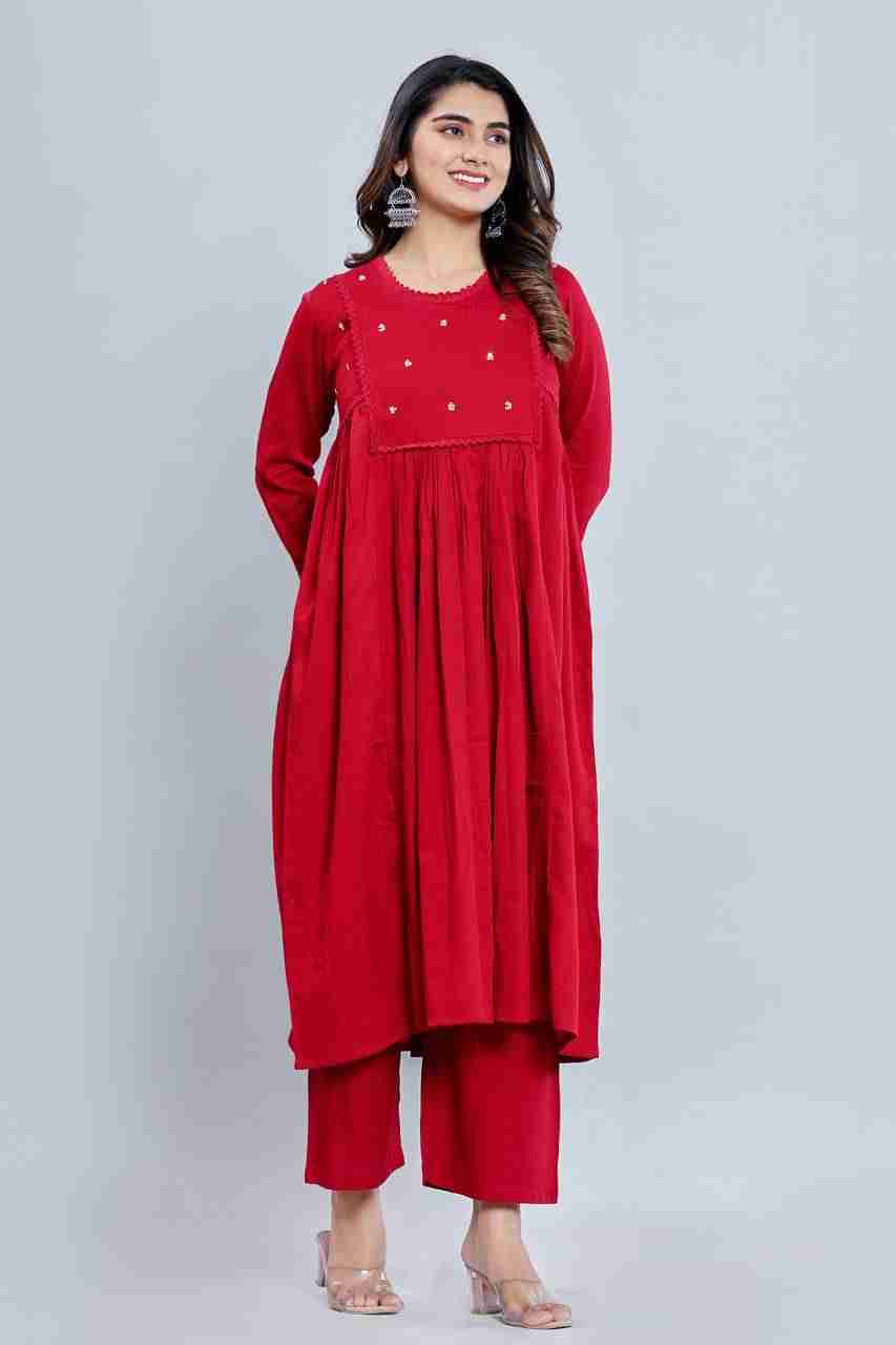 Naksh Red Cotton Satin Kurta and Pants (Set of 2)
