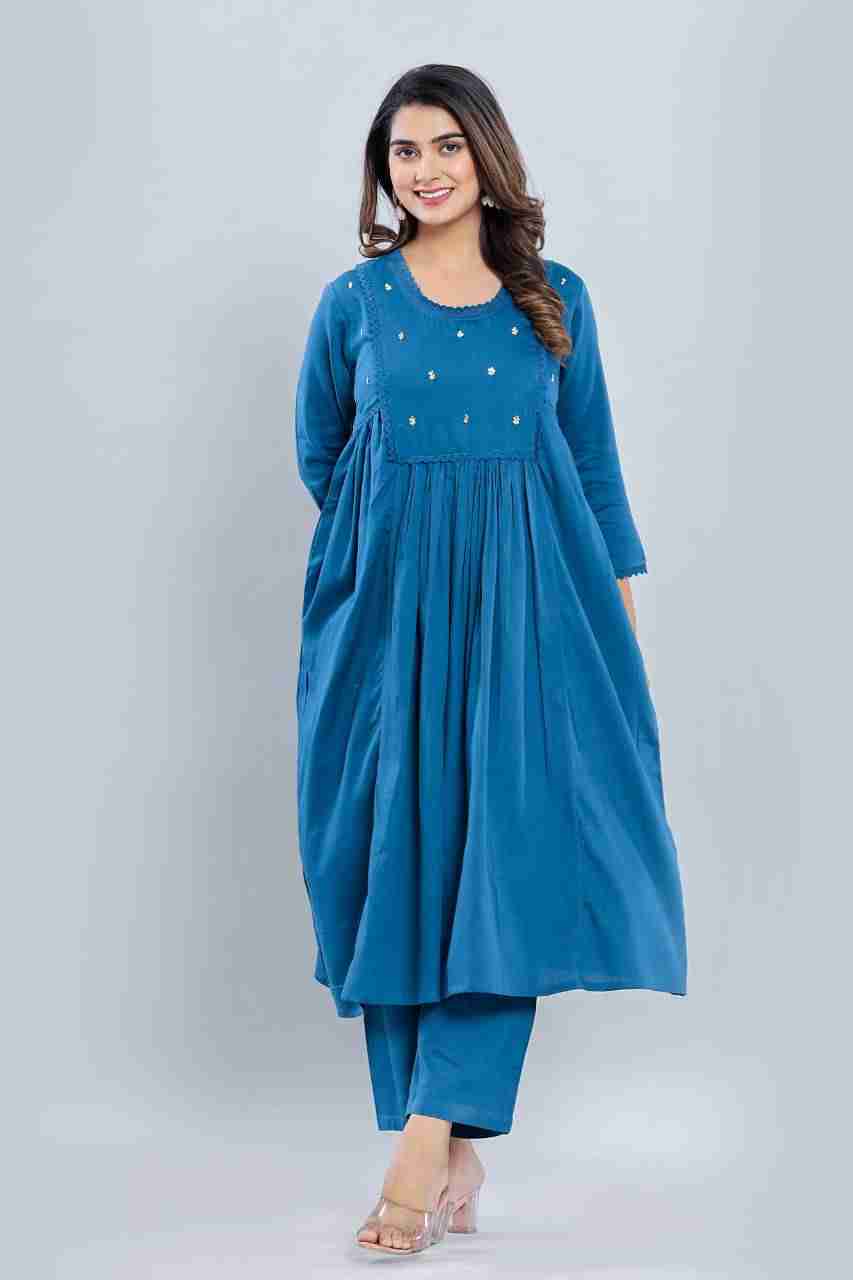 Naksh Blue Cotton Satin Kurta and Pants (Set of 2)