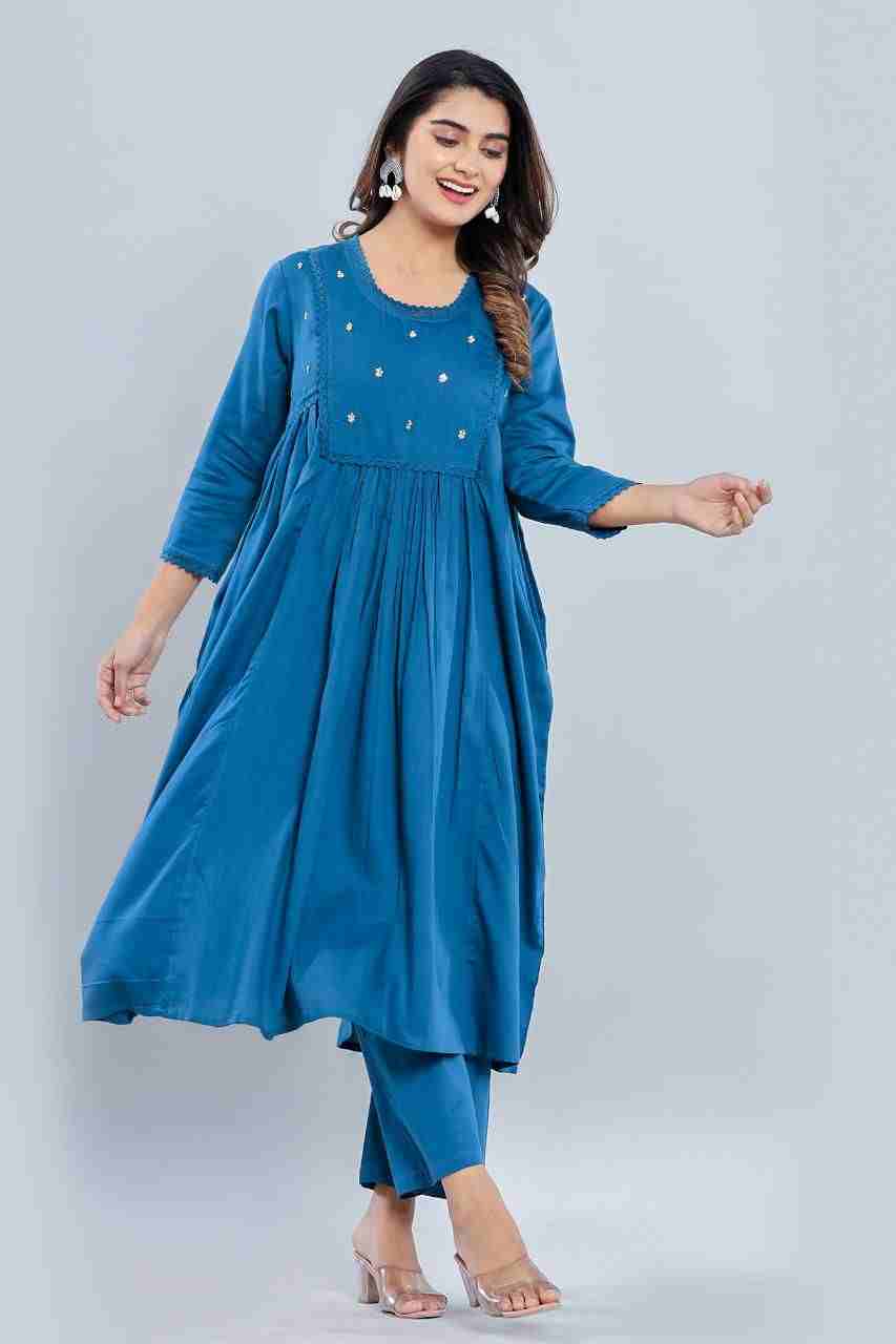 Naksh Blue Cotton Satin Kurta and Pants (Set of 2)